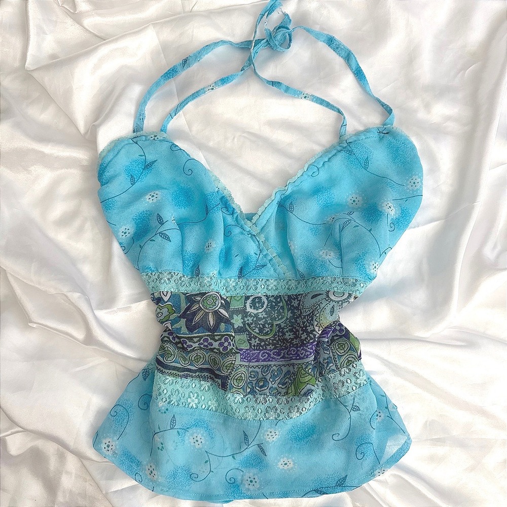 Vanity Blue Floral Paisley Lace Trim Halter Top Y2K Boho Rayon Camisole Large